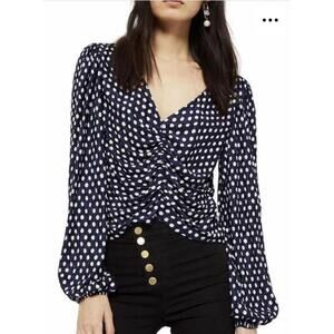 Topshop Navy Blue and White Polka Dot Ruched Long Sleeve Blouse Size 4